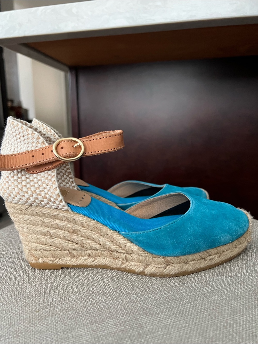 Kanna Teal Espadrille Wedge Sandals with Tan Ankle Strap size 36 - Picture 6 of 11